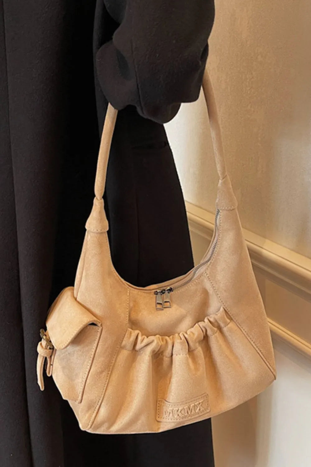 Ruched Suede Handbag with Zipper - Premium Tote Bag from Trendsi - Just $44.99! Shop now at Handbags Specialist Headquarter