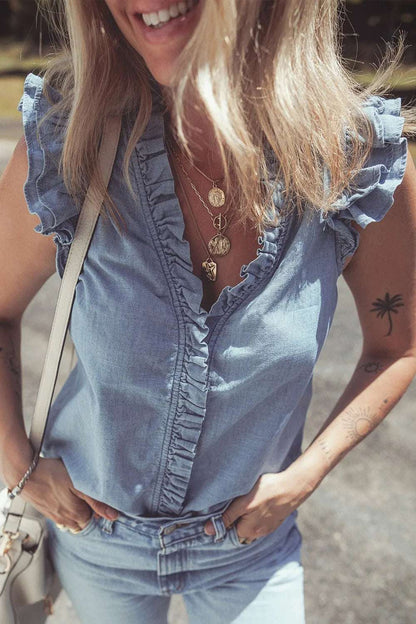 Frilly Ruffle Trim V Neck Chambray Tank - Premium Women / Jeans & Denim from Trendsi - Just $39.66! Shop now at Handbags Specialist Headquarter