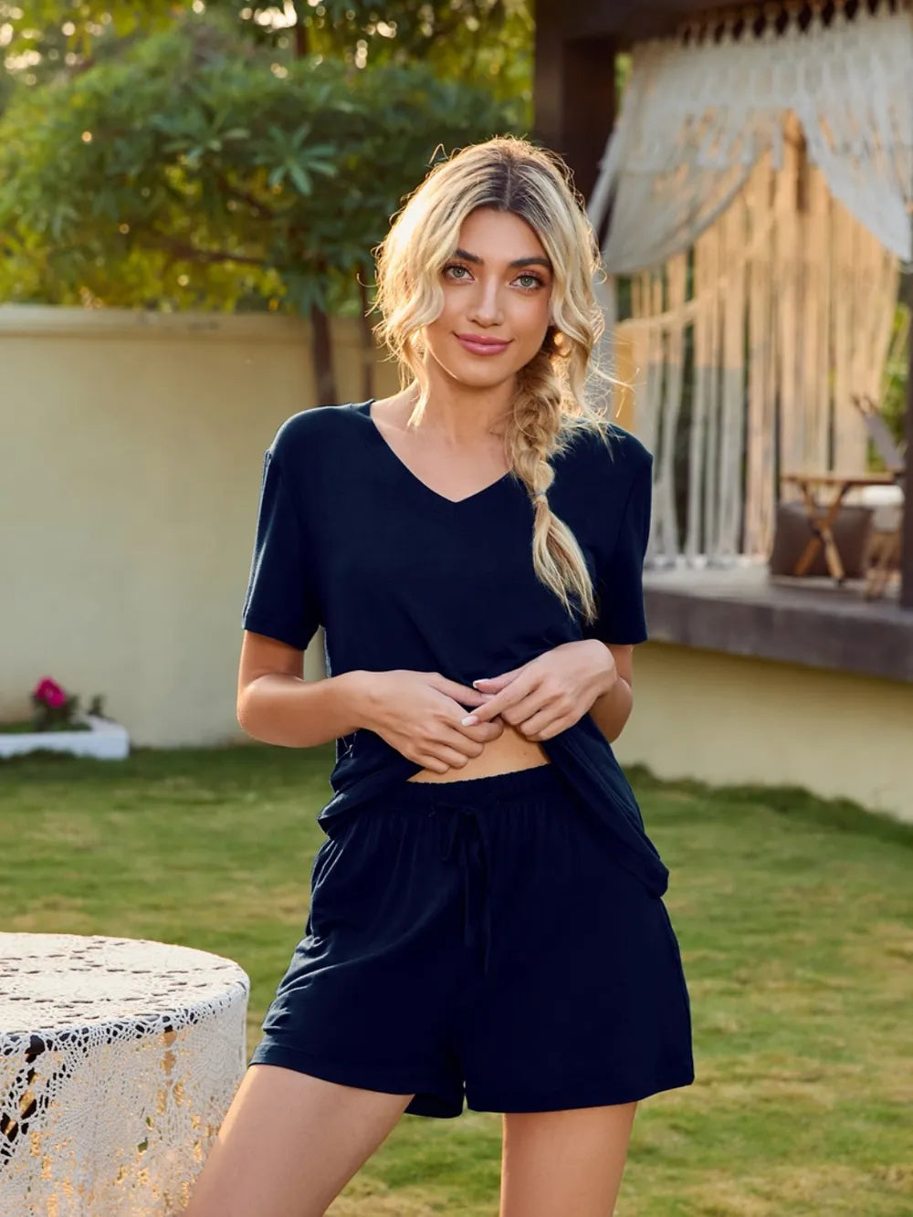 V-Neck Short Sleeve Top and Pocketed Shorts Lounge Set - Premium sleepwear from Trendsi - Just $31.99! Shop now at Handbags Specialist Headquarter