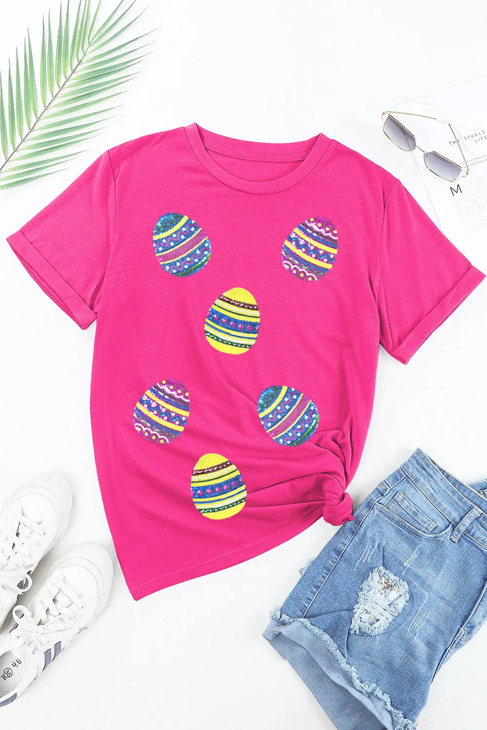 Sequin Easter Egg Short Sleeve T-Shirt - Premium Tops from Trendsi - Just $31.12! Shop now at Handbags Specialist Headquarter
