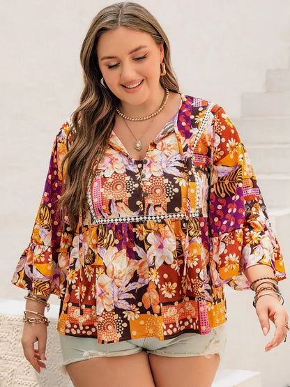 Plus Size Printed Tie Neck Blouse - Premium Plus Size Shirts from Trendsi - Just $28.50! Shop now at Handbags Specialist Headquarter