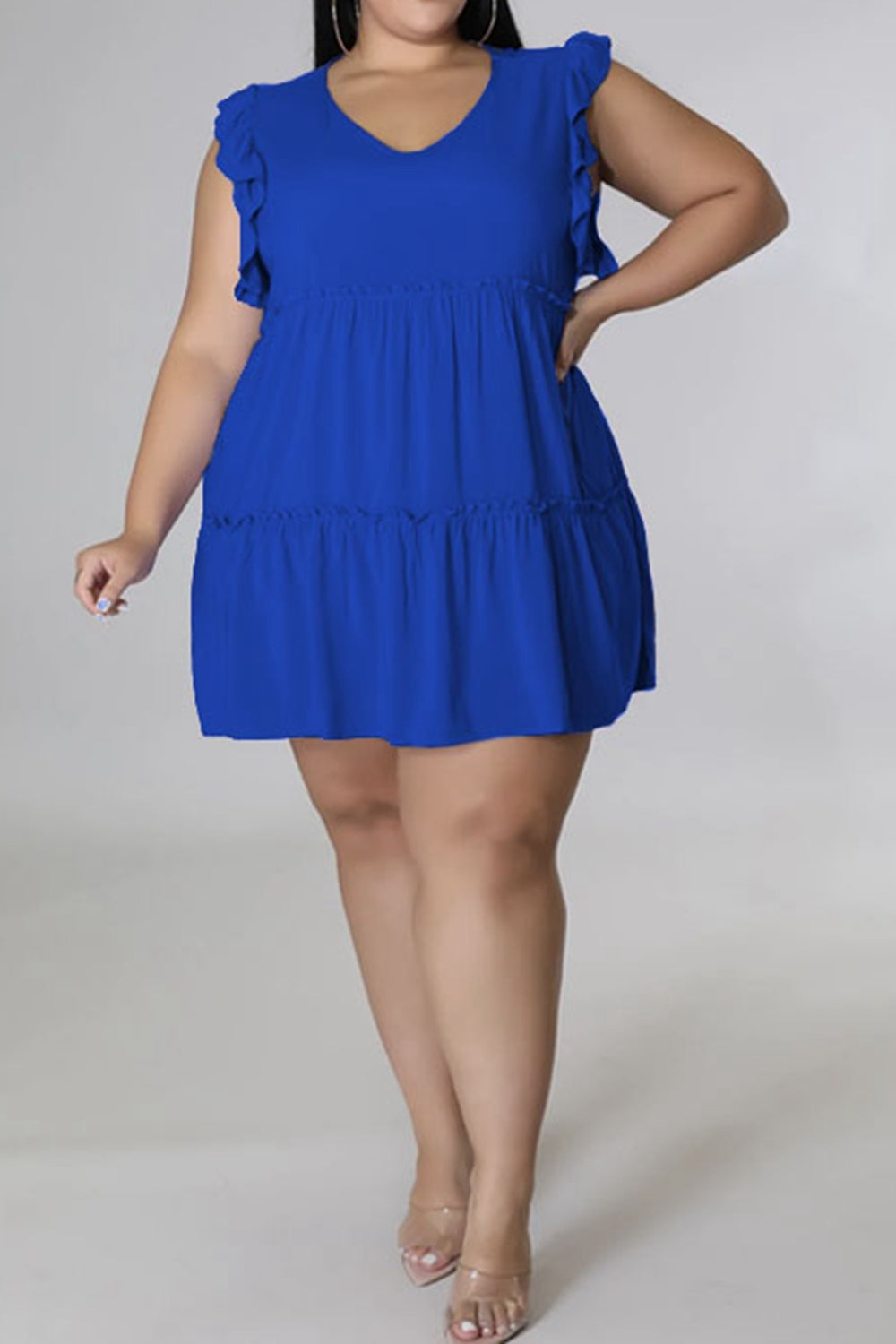 Plus Size V-Neck Frill Trim Mini Dress - Premium Dresses from Trendsi - Just $36.99! Shop now at Handbags Specialist Headquarter