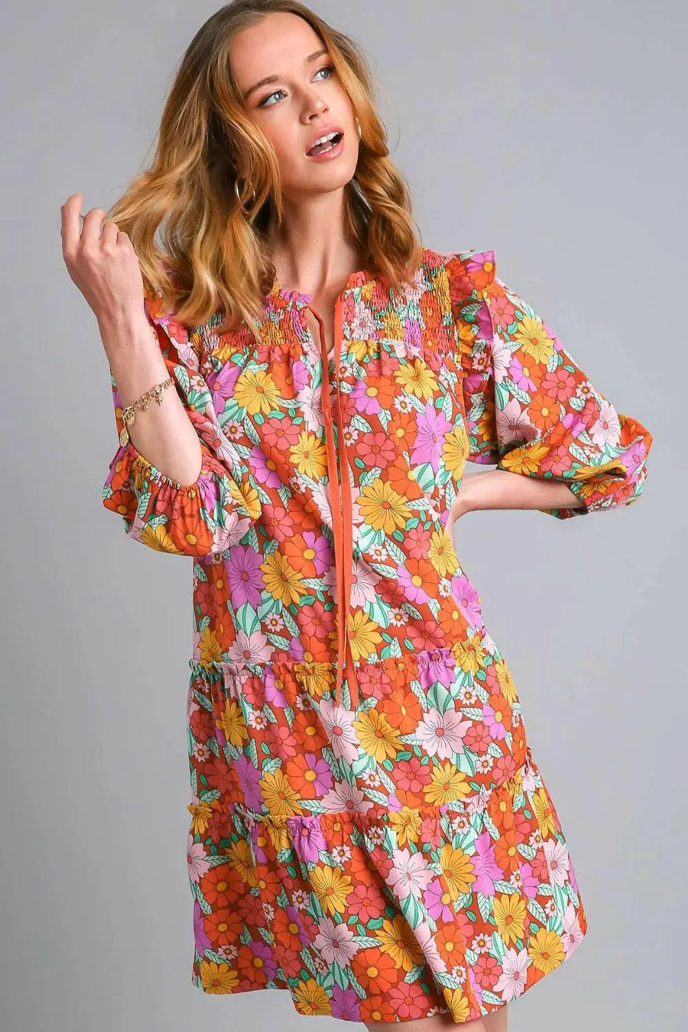 Umgee Full Size Ruffled Flower Print Tie Neck Tiered Dress Plus Size.