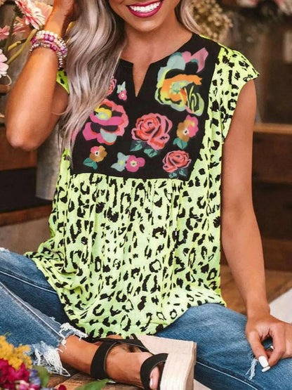 Full Size Leopard Floral Notched Cap Sleeve Blouse Plus Size.