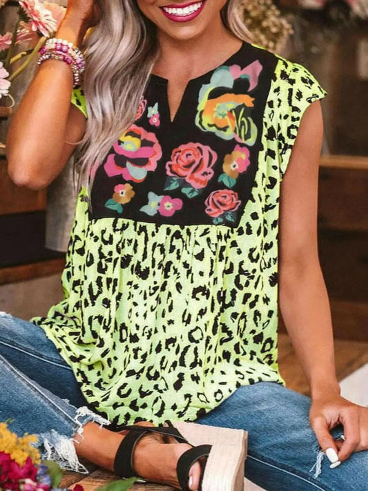 Full Size Leopard Floral Notched Cap Sleeve Blouse Plus Size.