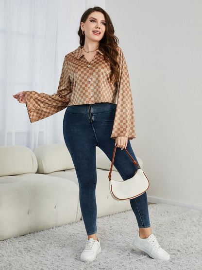 Plus Size Checkered Johnny Collar Flare Sleeve Shirt - Premium Plus Size Shirts from Trendsi - Just $27! Shop now at Handbags Specialist Headquarter