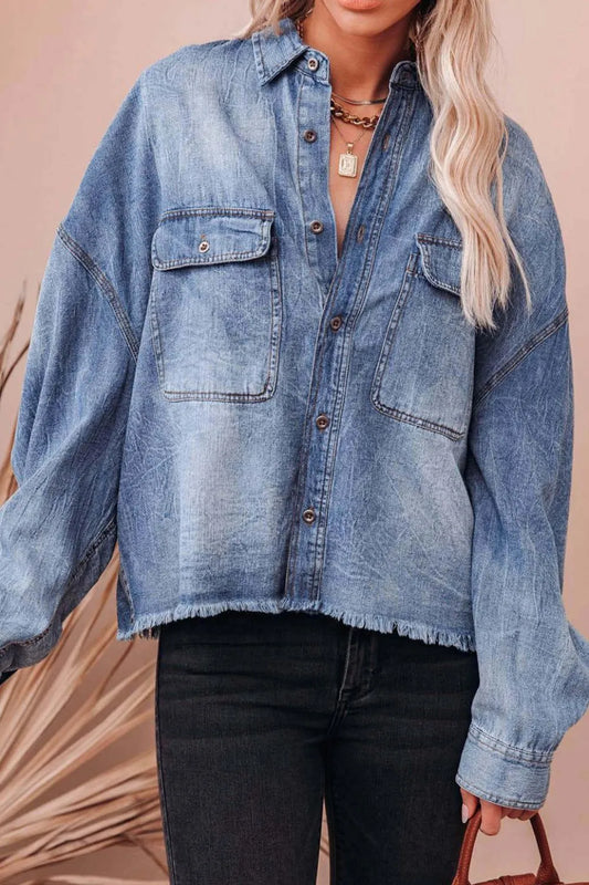 Collared Neck Raw Hem Long Sleeve Denim Shirt - Premium Women / Jeans & Denim from Trendsi - Just $38.26! Shop now at Handbags Specialist Headquarter