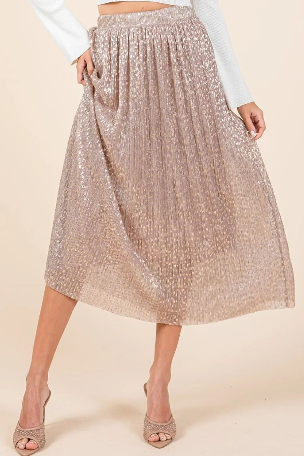 Mittoshop Metallic Glitter Speckle Print Elastic Midi Skirt - Premium Skirts from Trendsi - Just $54.99! Shop now at Handbags Specialist Headquarter
