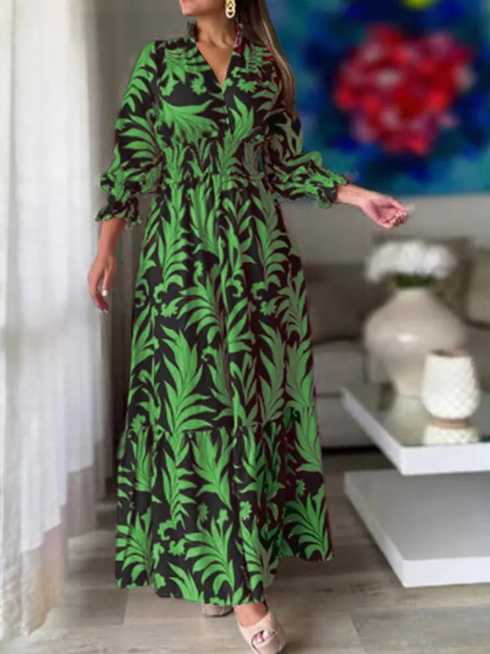 Printed Flounce Sleeve Maxi Dress - Premium Maxi Dress from Trendsi - Just $48.99! Shop now at Handbags Specialist Headquarter
