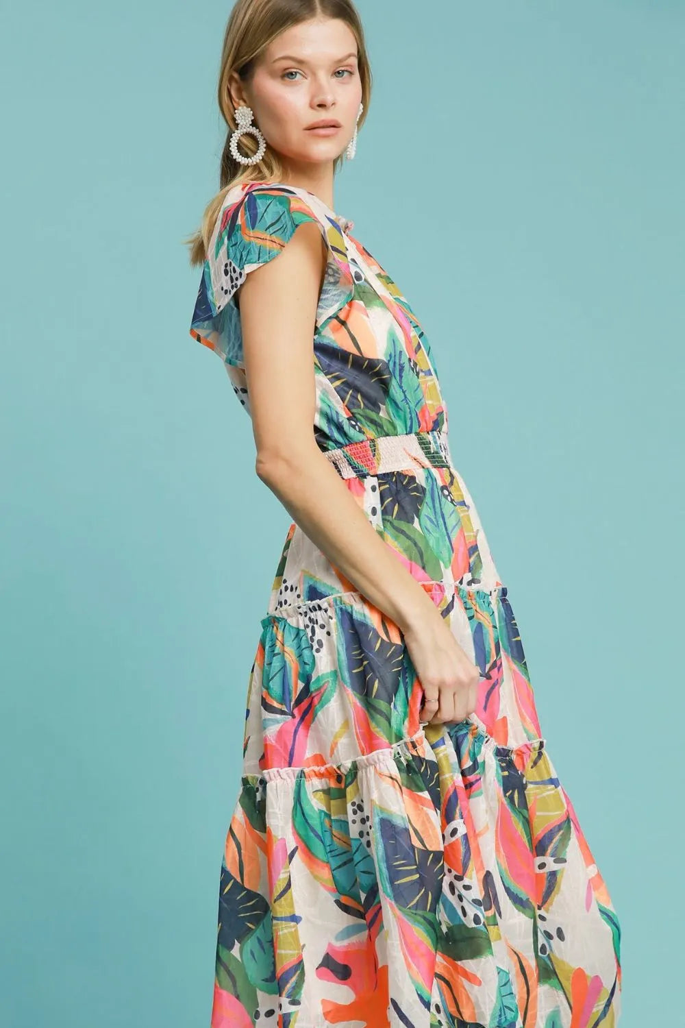 Umgee Full Size Leaf Print Cap Sleeve Tiered Midi Dress Plus Size - Premium Dresses from Trendsi - Just $58.99! Shop now at Handbags Specialist Headquarter