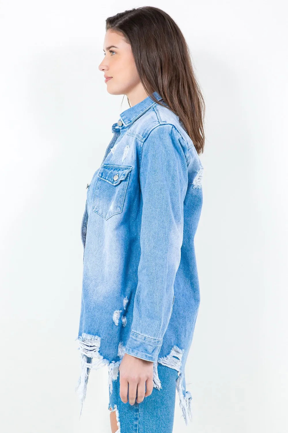 American Bazi Frayed Hem Distressed Denim Shirt Jacket - Premium Women / Jeans & Denim from Trendsi - Just $56.24! Shop now at Handbags Specialist Headquarter