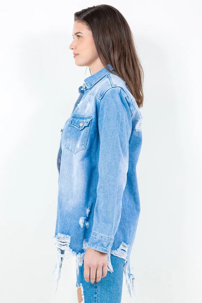 American Bazi Frayed Hem Distressed Denim Shirt Jacket - Premium Women / Jeans & Denim from Trendsi - Just $56.24! Shop now at Handbags Specialist Headquarter