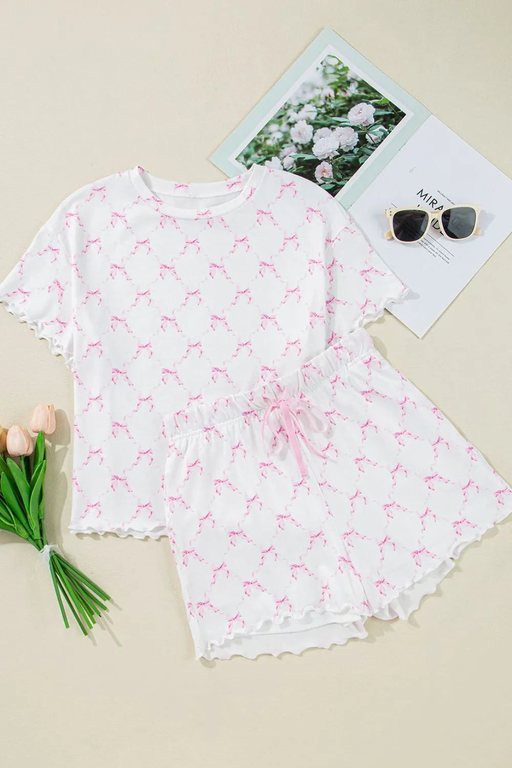 Bow Print Lettuce Trim Round Neck Top and Shorts Lounge Set - Premium Sleepwear from Trendsi - Just $32.14! Shop now at Handbags Specialist Headquarter