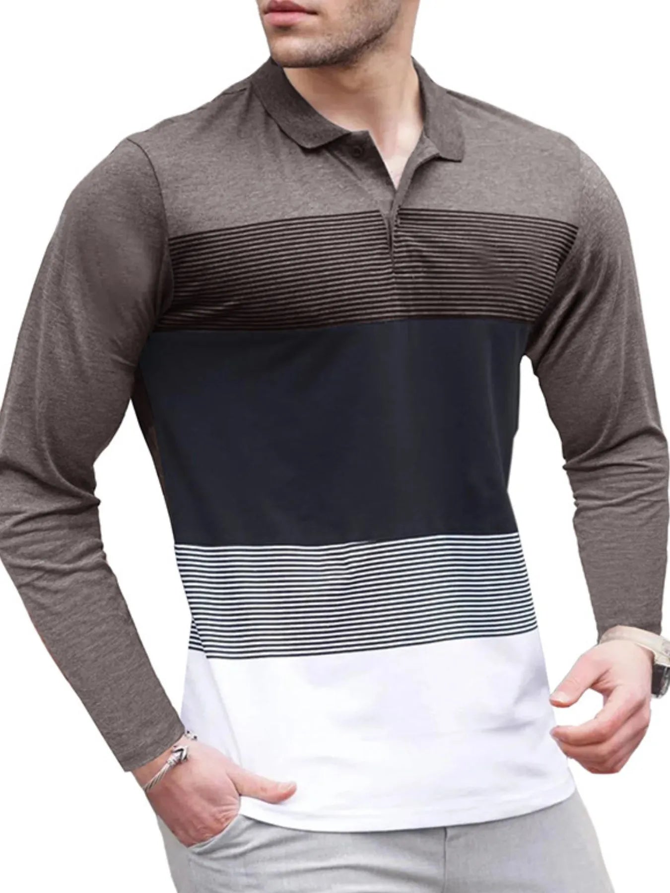 Men's Color Block Striped Long Sleeve Polo Shirt - Premium Men's Polo shirt from Trendsi - Just $39.99! Shop now at Handbags Specialist Headquarter