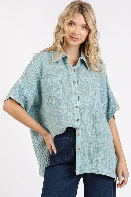 Mittoshop Mineral Wash Gauze Oversized Short Sleeve Shirt - Premium Women / Jeans & Denim from Trendsi - Just $50.74! Shop now at Handbags Specialist Headquarter