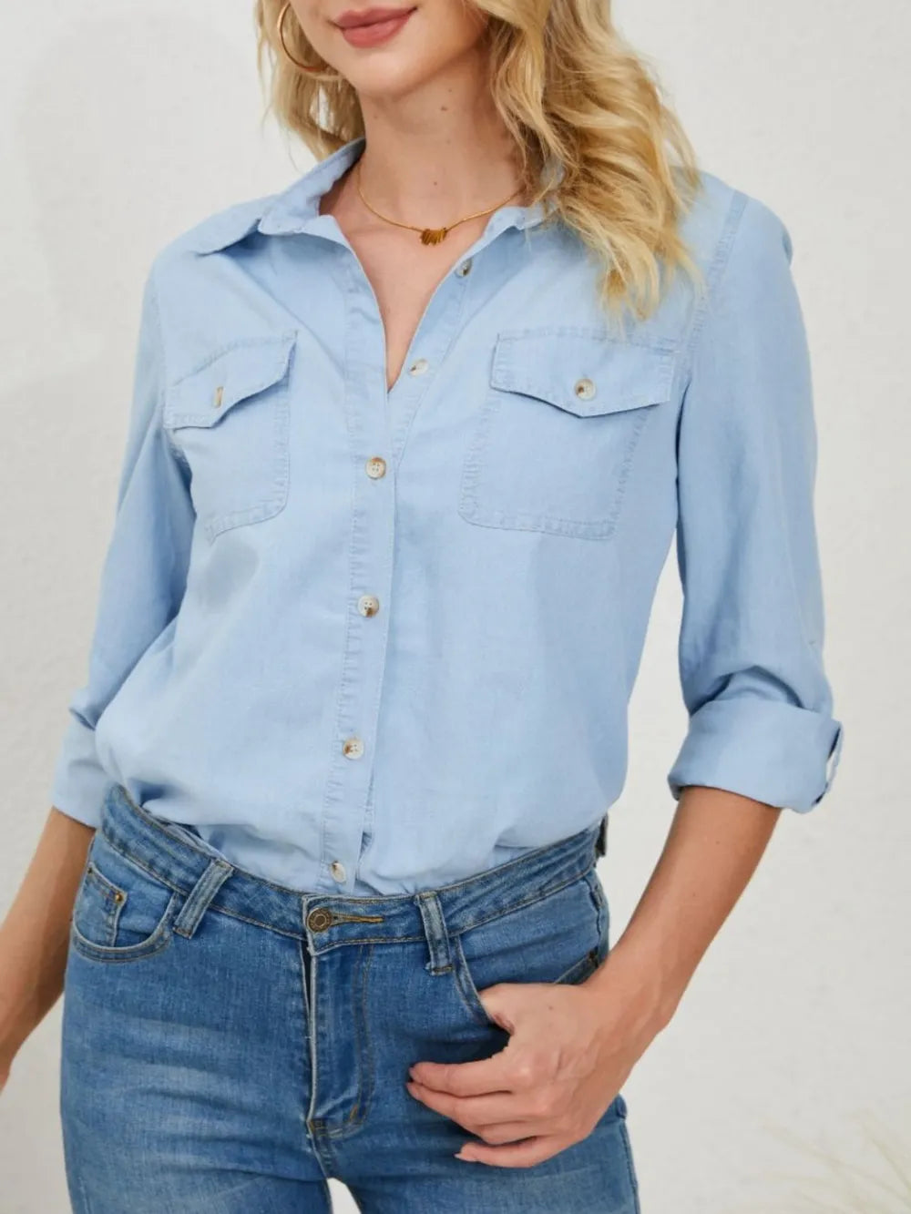 Pocketed Button Up Long Sleeve Denim Shirt - Premium Women / Jeans & Denim from Trendsi - Just $33! Shop now at Handbags Specialist Headquarter