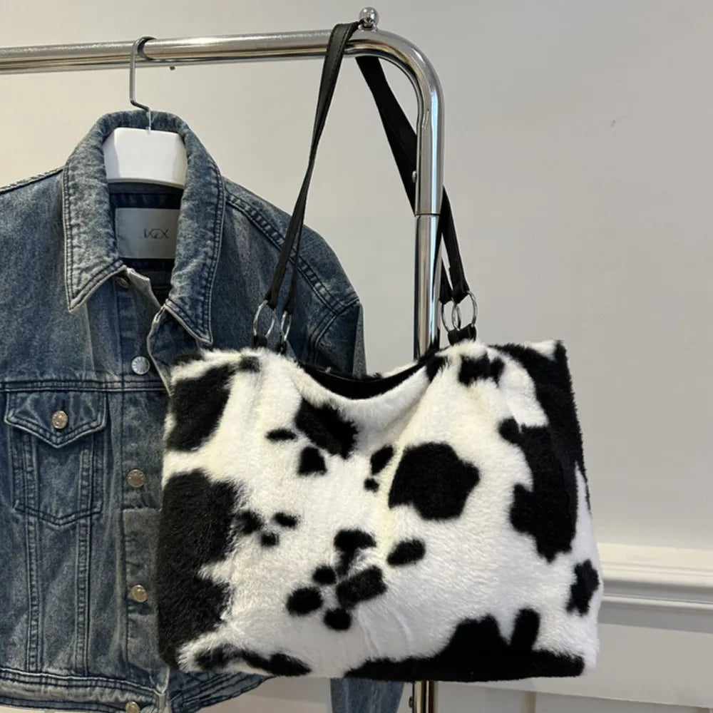 Cow Print Furry Tote Bag - Premium Tote Bag from Trendsi - Just $39.99! Shop now at Handbags Specialist Headquarter
