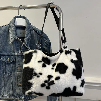 Cow Print Furry Tote Bag - Premium Tote Bag from Trendsi - Just $39.99! Shop now at Handbags Specialist Headquarter