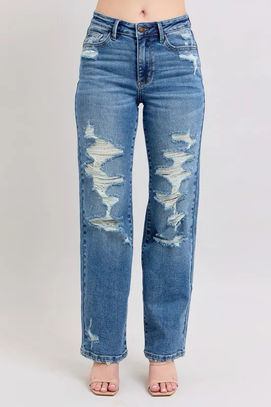Judy Blue Full Size High Waist Heavy Destroy Straight Jeans Plus Size - Premium Women / Jeans & Denim from Trendsi - Just $62.99! Shop now at Handbags Specialist Headquarter