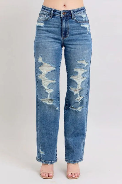 Judy Blue Full Size High Waist Heavy Destroy Straight Jeans Plus Size - Premium Women / Jeans & Denim from Trendsi - Just $62.99! Shop now at Handbags Specialist Headquarter