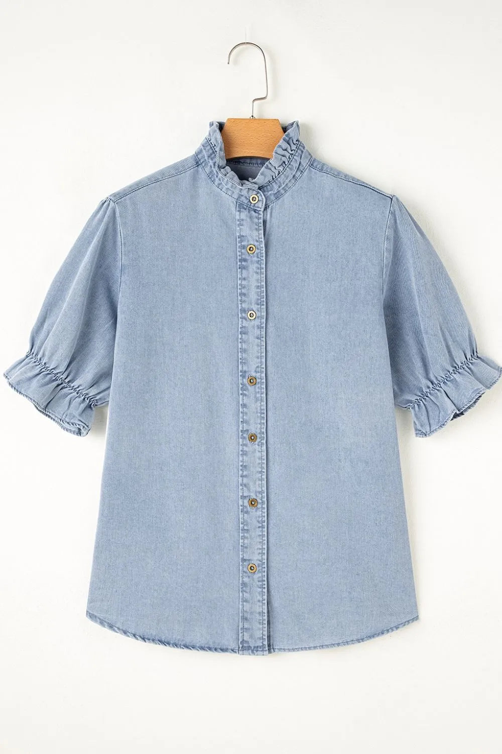 Ruffle Short Puff Sleeve Button Down Denim Shirt - Premium Women / Jeans & Denim from Trendsi - Just $47.50! Shop now at Handbags Specialist Headquarter