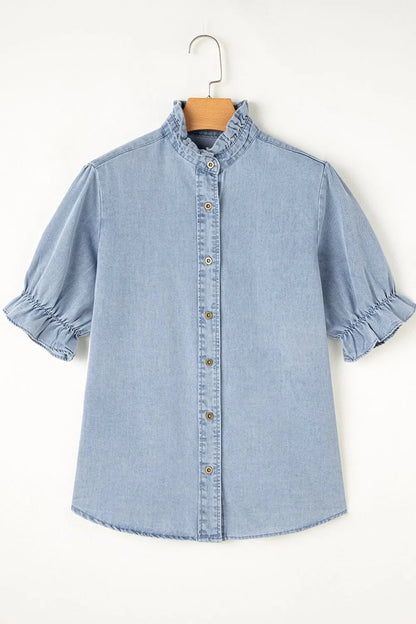 Ruffle Short Puff Sleeve Button Down Denim Shirt - Premium Women / Jeans & Denim from Trendsi - Just $47.50! Shop now at Handbags Specialist Headquarter