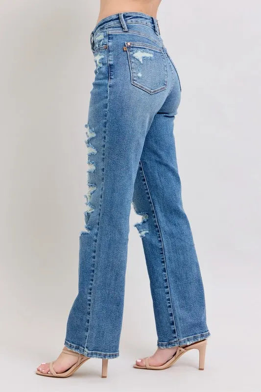 Judy Blue Full Size High Waist Heavy Destroy Straight Jeans Plus Size - Premium Women / Jeans & Denim from Trendsi - Just $62.99! Shop now at Handbags Specialist Headquarter