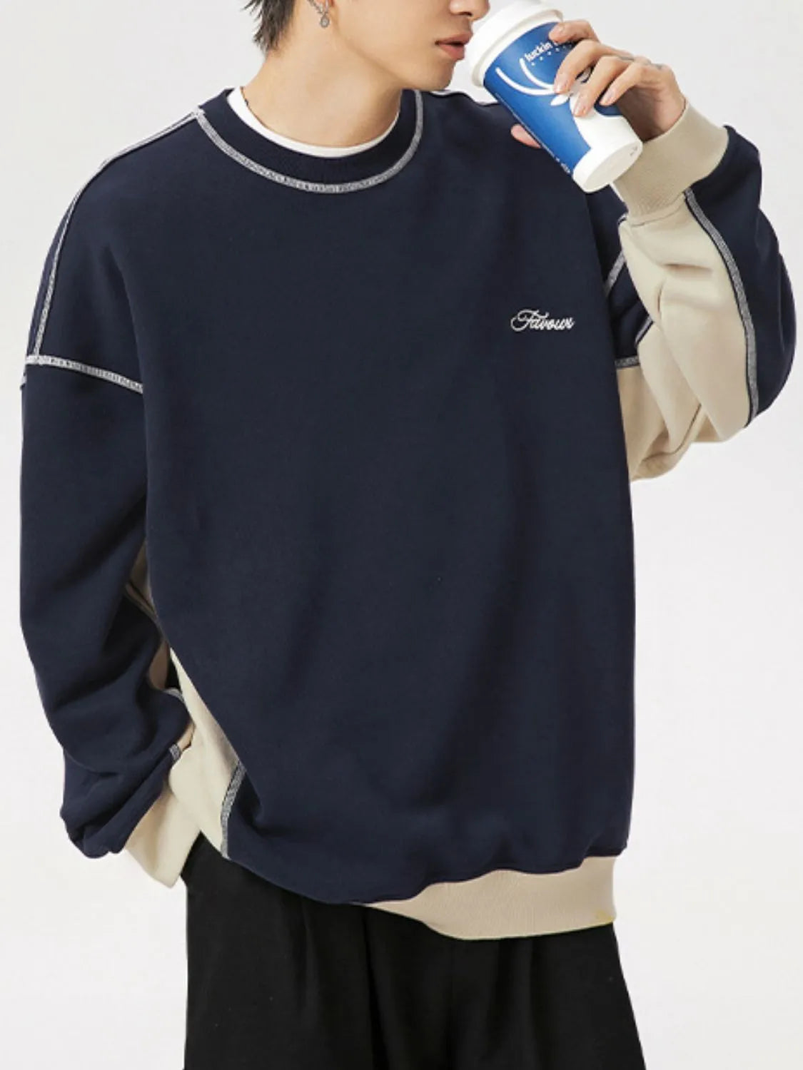 Men's Contrast Round Neck Drop Shoulder Sweatshirt - Premium Men's Sweatshirts from Trendsi - Just $47.38! Shop now at Handbags Specialist Headquarter