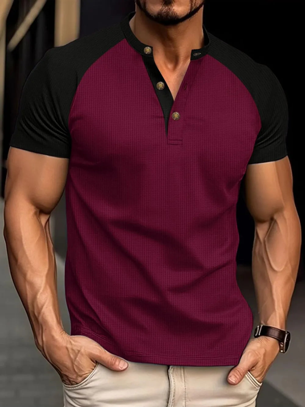 Men's Full Size Waffle-Knit Round Neck Contrast Polo Plus Size - Premium Men's Polo shirt from Trendsi - Just $30.99! Shop now at Handbags Specialist Headquarter