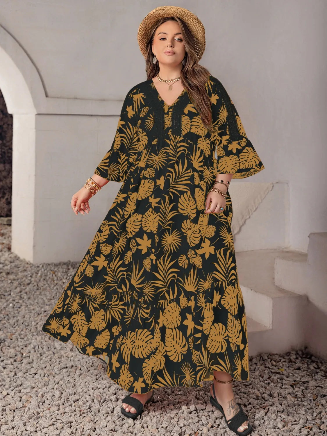 Plus Size Lace Detail Tropical Print Three-Quarter Sleeve Maxi Dress - Premium Dresses from Trendsi - Just $42.99! Shop now at Handbags Specialist Headquarter
