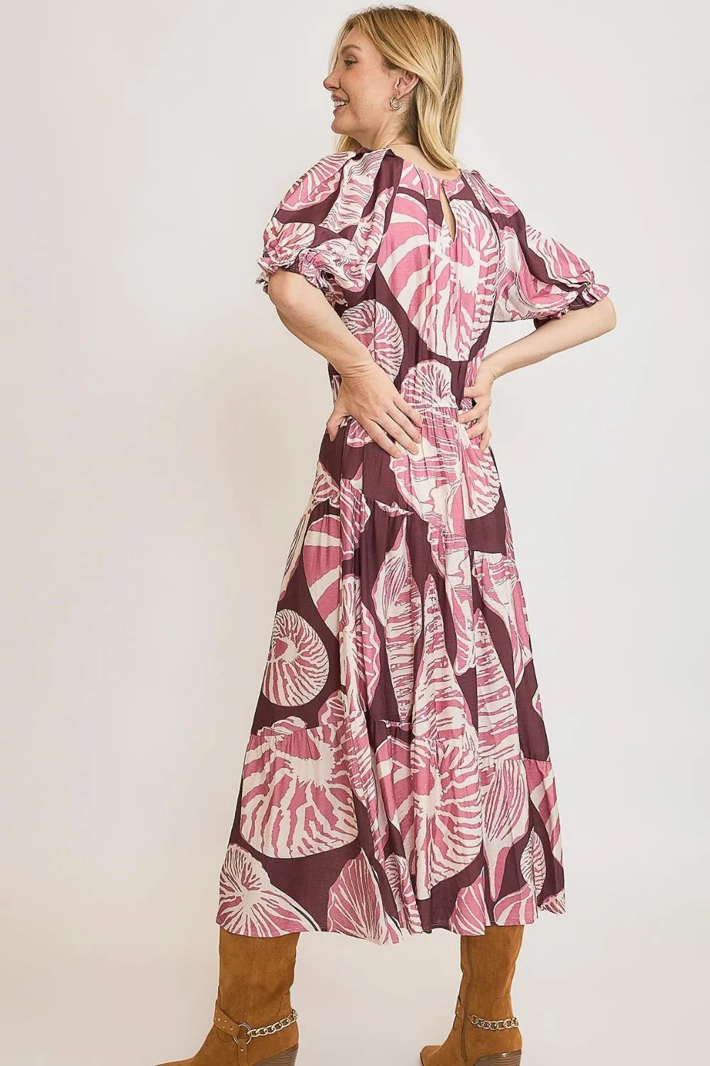 Umgee Full Size Printed Notched Puff Sleeve Midi Dress Plus Size - Premium Dresses from Trendsi - Just $64.99! Shop now at Handbags Specialist Headquarter