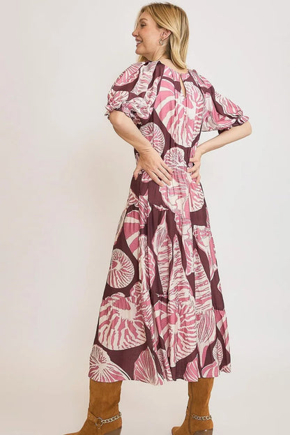 Umgee Full Size Printed Notched Puff Sleeve Midi Dress Plus Size - Premium Dresses from Trendsi - Just $64.99! Shop now at Handbags Specialist Headquarter