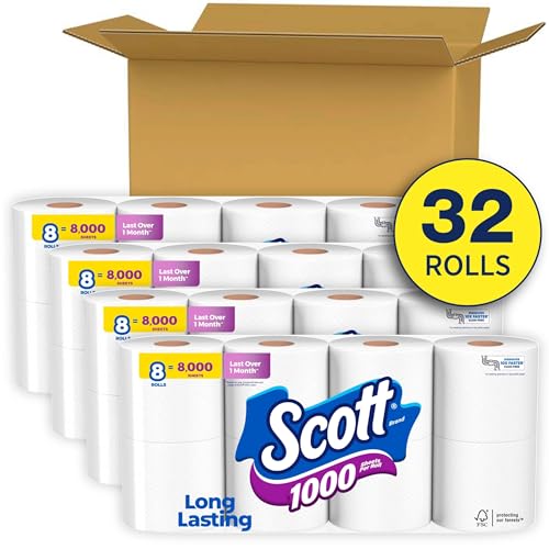 Scott 1000 Toilet Paper, 32 Rolls, Septic-Safe, 1-Ply Toilet Tissue