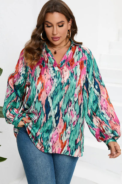 Plus Size Printed Johnny Collar Long Sleeve Blouse - Premium Plus Size Shirts from Trendsi - Just $29! Shop now at Handbags Specialist Headquarter