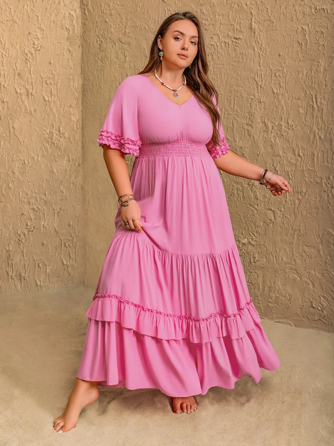 Plus Size V-Neck Half Sleeve Maxi Dress - Premium Dresses from Trendsi - Just $48.99! Shop now at Handbags Specialist Headquarter
