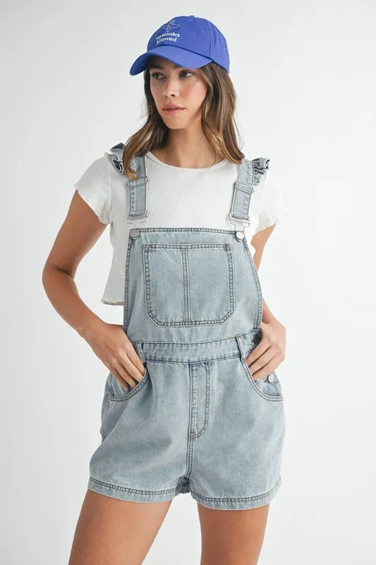 MABLE Square Neck Ruffle Shoulder Denim Overall Romper - Premium Women / Jeans & Denim from Trendsi - Just $67.12! Shop now at Handbags Specialist Headquarter