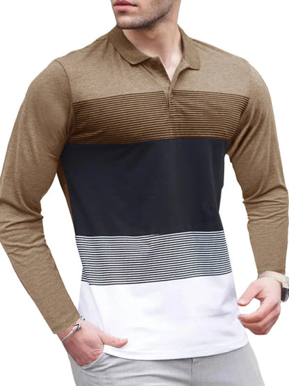 Men's Color Block Striped Long Sleeve Polo Shirt - Premium Men's Polo shirt from Trendsi - Just $39.99! Shop now at Handbags Specialist Headquarter