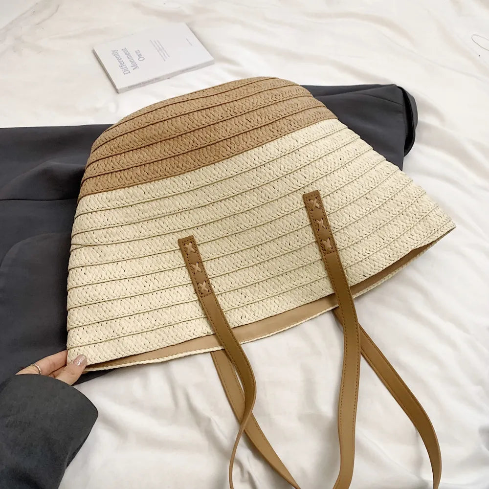 Contrast Straw Braided Handbag - Premium Tote Bag from Trendsi - Just $32.99! Shop now at Handbags Specialist Headquarter