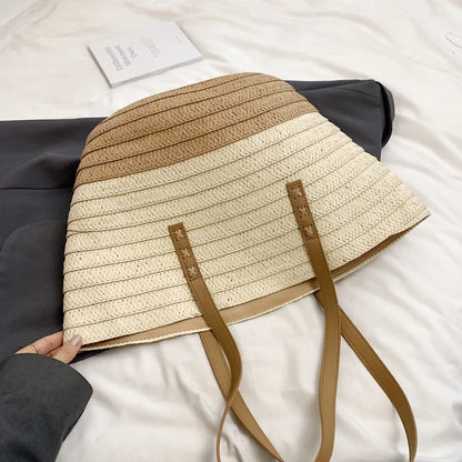 Contrast Straw Braided Handbag - Premium Tote Bag from Trendsi - Just $32.99! Shop now at Handbags Specialist Headquarter