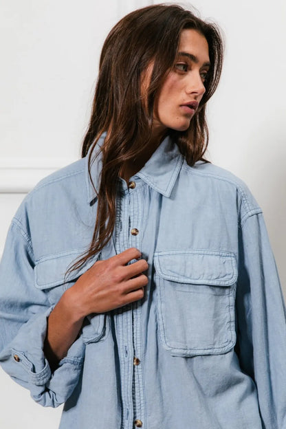 BiBi Button Down Stitch Detail Shirt with Chest Pockets - Premium Women / Jeans & Denim from Trendsi - Just $59.30! Shop now at Handbags Specialist Headquarter