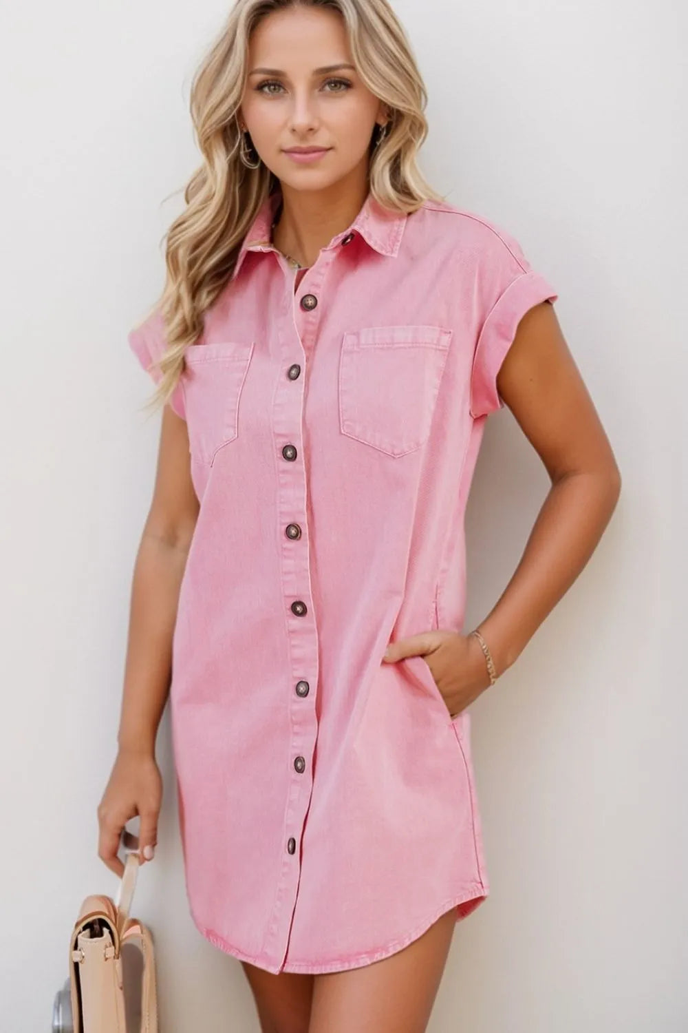 Button Down Short Sleeve Denim Dress - Premium Women / Jeans & Denim from Trendsi - Just $55.46! Shop now at Handbags Specialist Headquarter