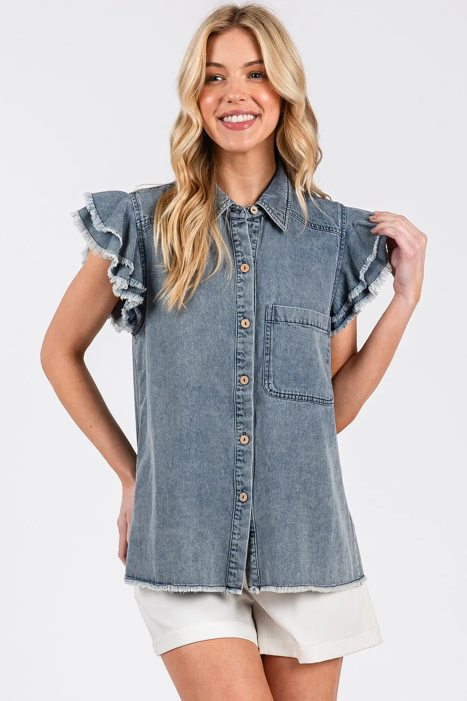 Mittoshop Washed Denim Ruffle Short Sleeve Collared Shirt - Premium Women / Jeans & Denim from Trendsi - Just $53.80! Shop now at Handbags Specialist Headquarter
