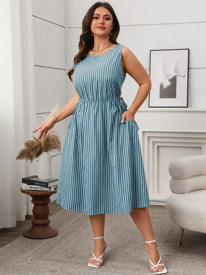 Plus Size Striped Round Neck Sleeveless Dress - Premium Dresses from Trendsi - Just $40.99! Shop now at Handbags Specialist Headquarter