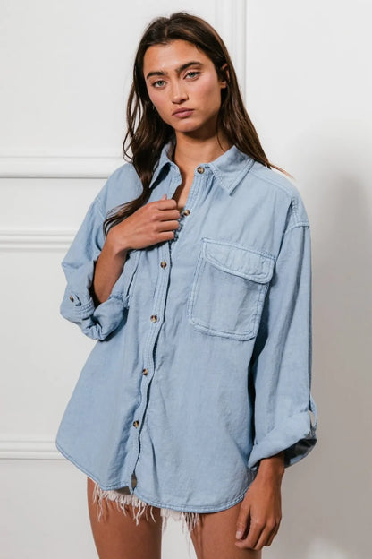 BiBi Button Down Stitch Detail Shirt with Chest Pockets - Premium Women / Jeans & Denim from Trendsi - Just $59.30! Shop now at Handbags Specialist Headquarter
