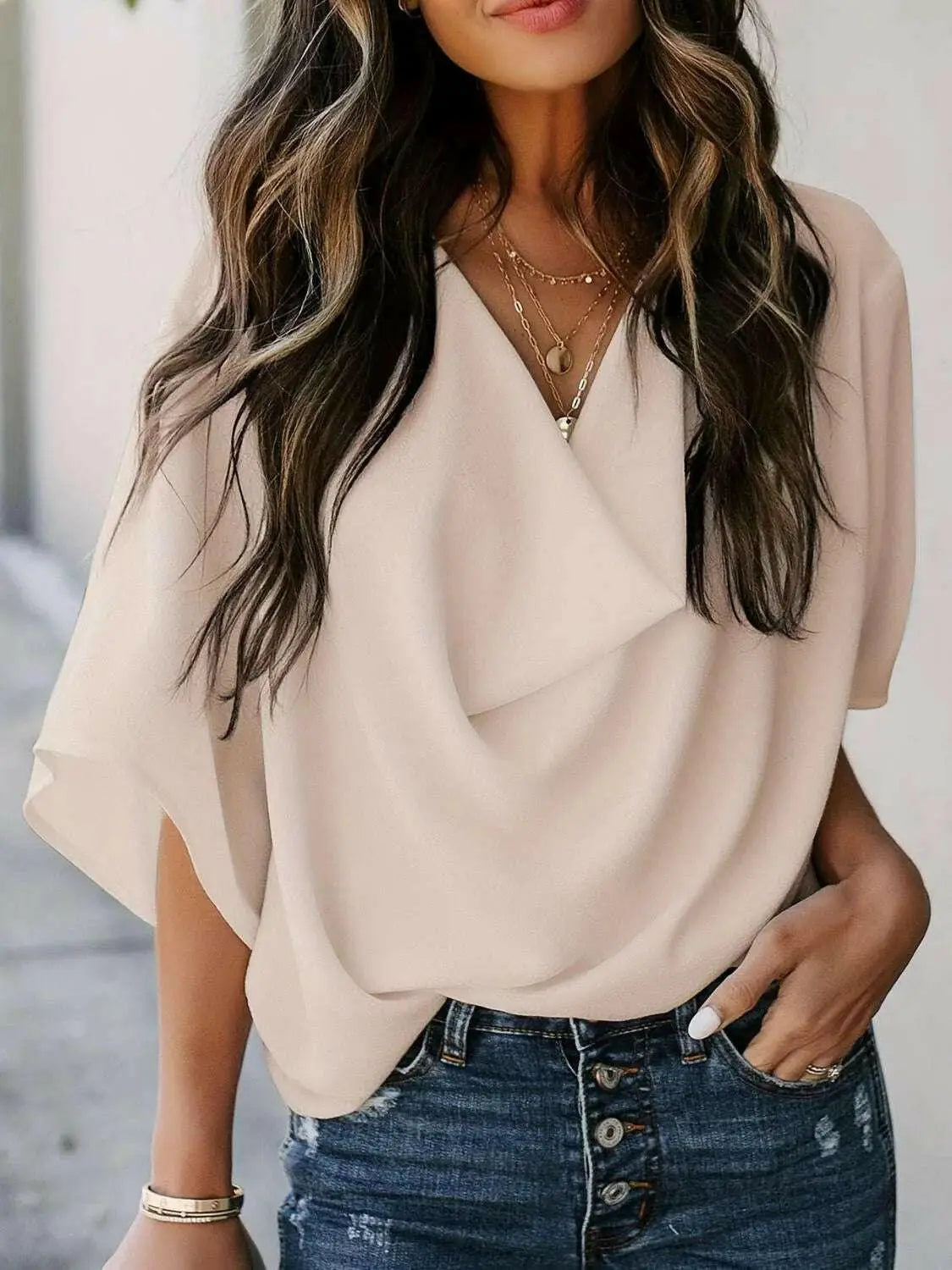 Full Size Ruched Three-Quarter Sleeve Blouse Plus Size.