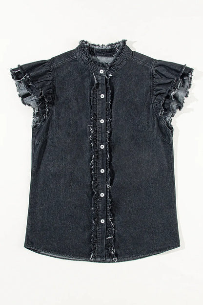 Button Down Raw Hem Ruffled Denim Shirt - Premium Women / Jeans & Denim from Trendsi - Just $43.76! Shop now at Handbags Specialist Headquarter