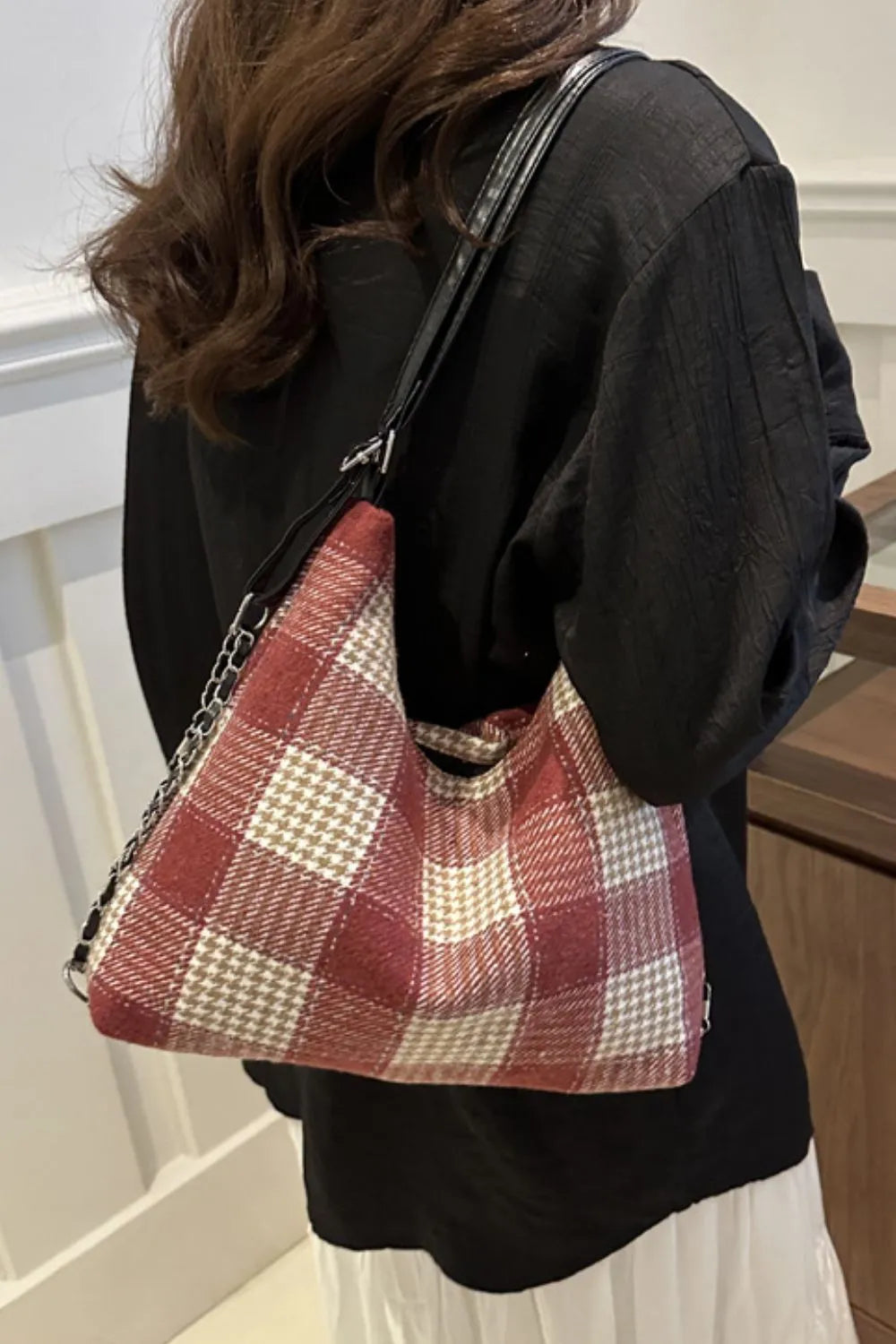 Plaid Adjustable Strap Handbag - Premium Tote Bag from Trendsi - Just $37.99! Shop now at Handbags Specialist Headquarter