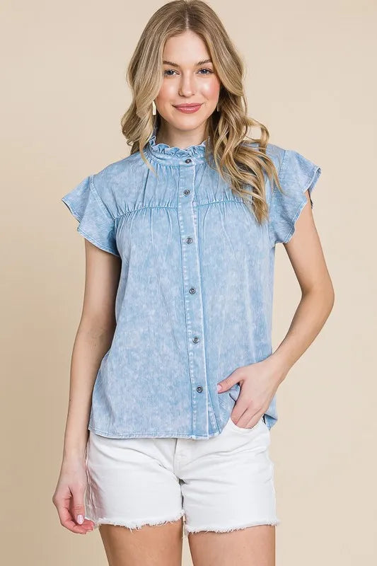 Lime 'N' Chili Mineral Wash Flutter Sleeve Button Down Shirt - Premium Women / Jeans & Denim from Trendsi - Just $40.98! Shop now at Handbags Specialist Headquarter