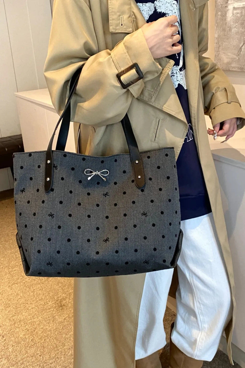 Polyester Bow Polka Dot Tote Bag - Premium Tote Bag from Trendsi - Just $39.99! Shop now at Handbags Specialist Headquarter