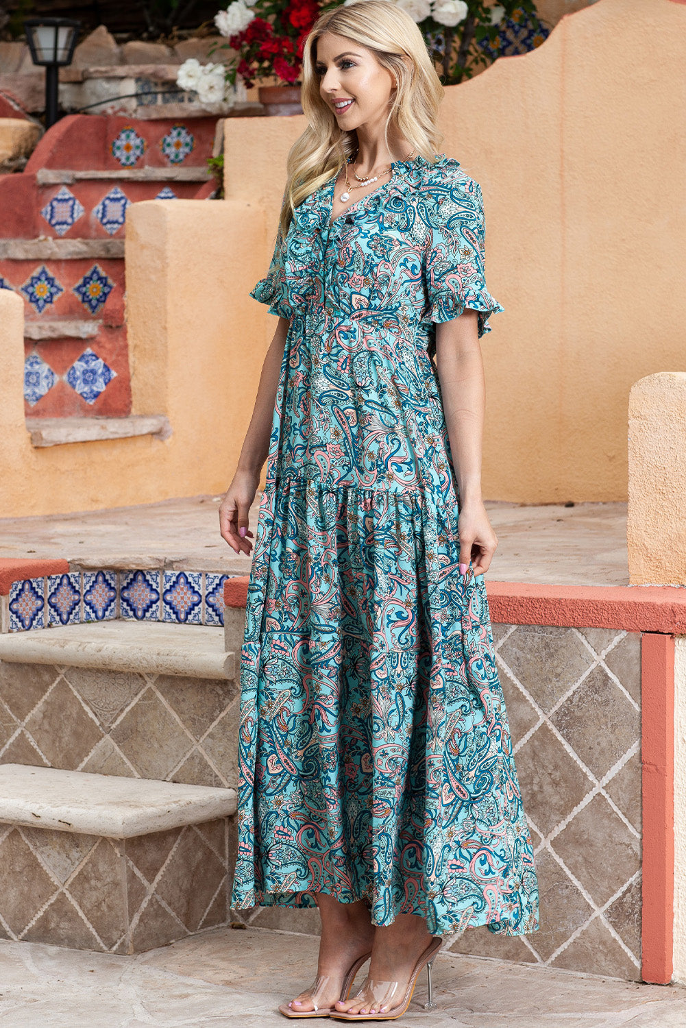 Paisley Print Flounce Sleeve Maxi Dress - Premium Maxi Dress from Trendsi - Just $56.99! Shop now at Handbags Specialist Headquarter